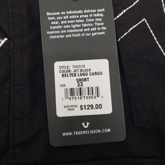 True Religion Belted Logo Cargo Shorts Flap Back Pockets Jet Black Size 33 NWT - Picture 2 of 10